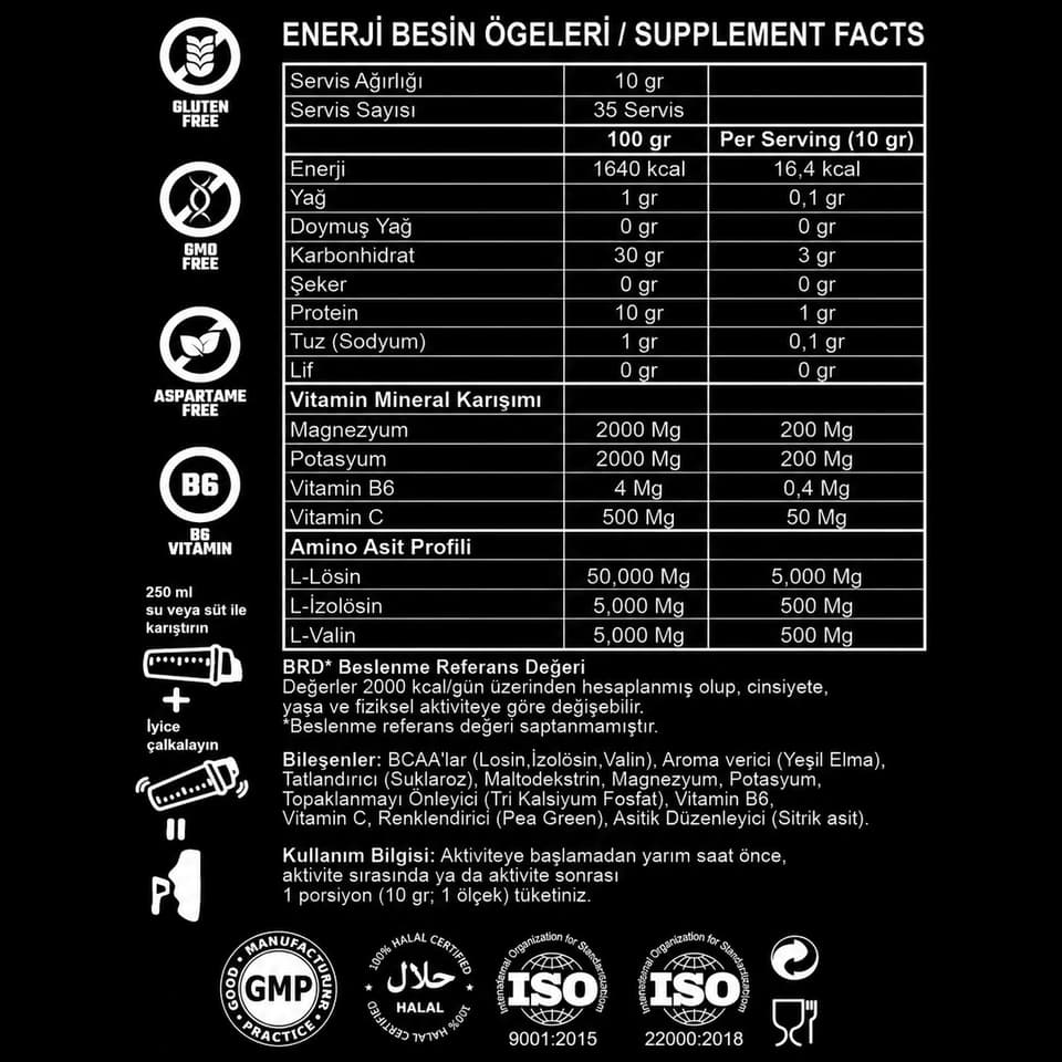 Cosmic Chain BCAA besin tablosu (etiket)