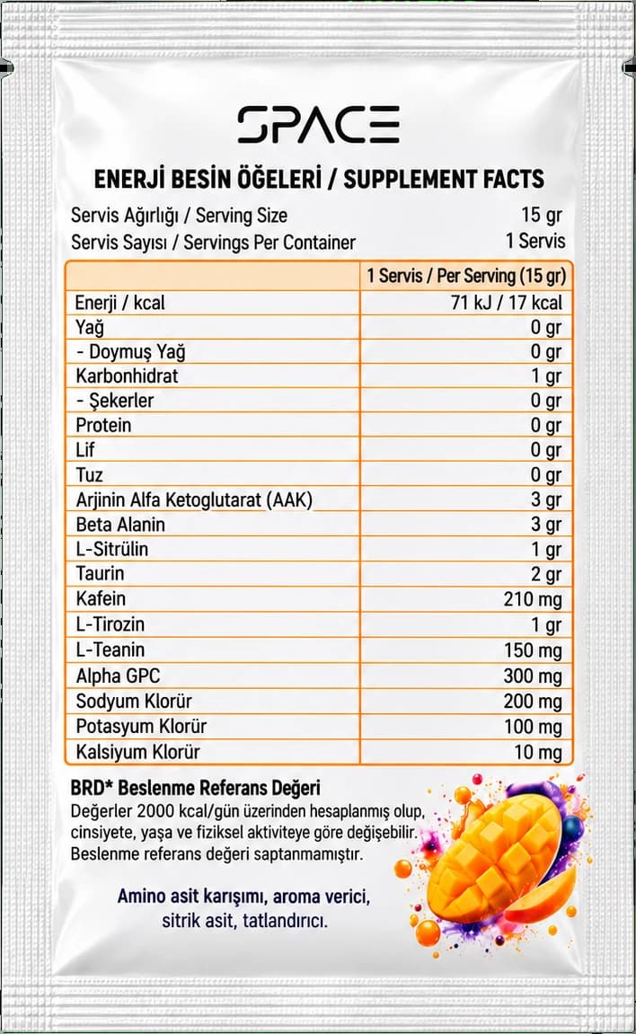 Nova Charge saşenin arka yüzü: 15 g servis başına besin ve bileşen tablosu