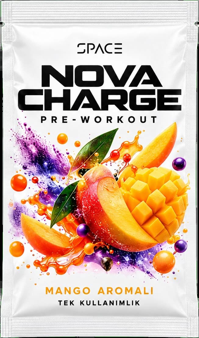 Nova Charge mango aromalı pre-workout, tek kullanımlık saşe (ön yüz)