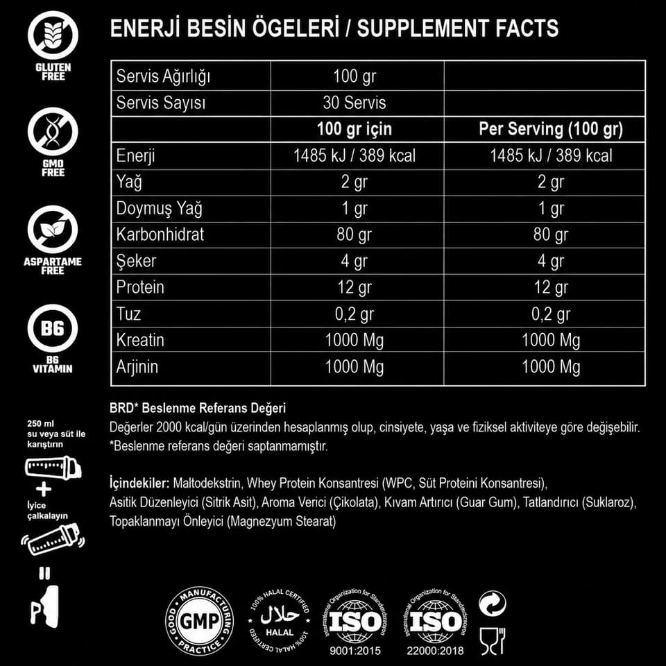 Supernova Bulk besin tablosu (etiket)