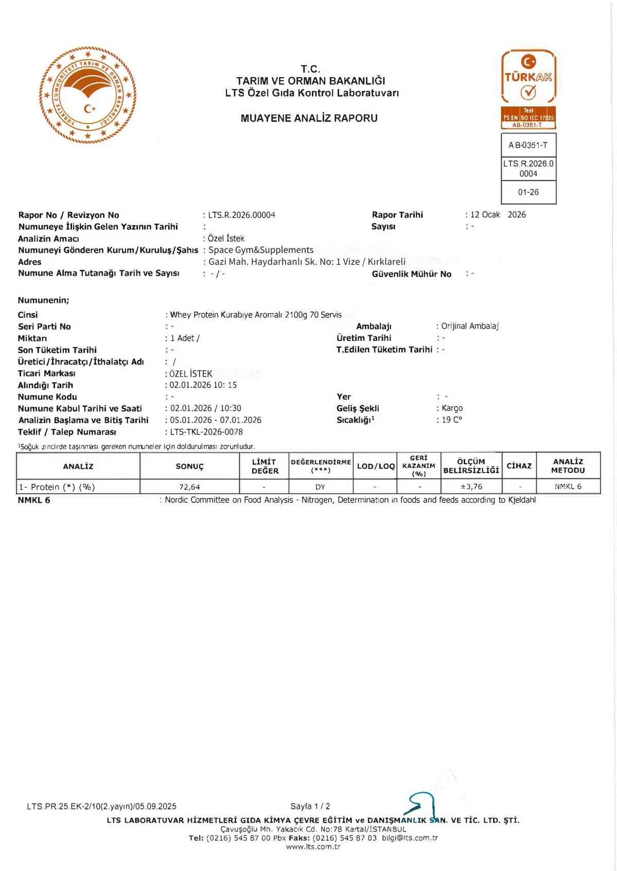 LTS Özel Gıda Kontrol Laboratuvarı, rapor LTS.R.2026.00004, sayfa 1
