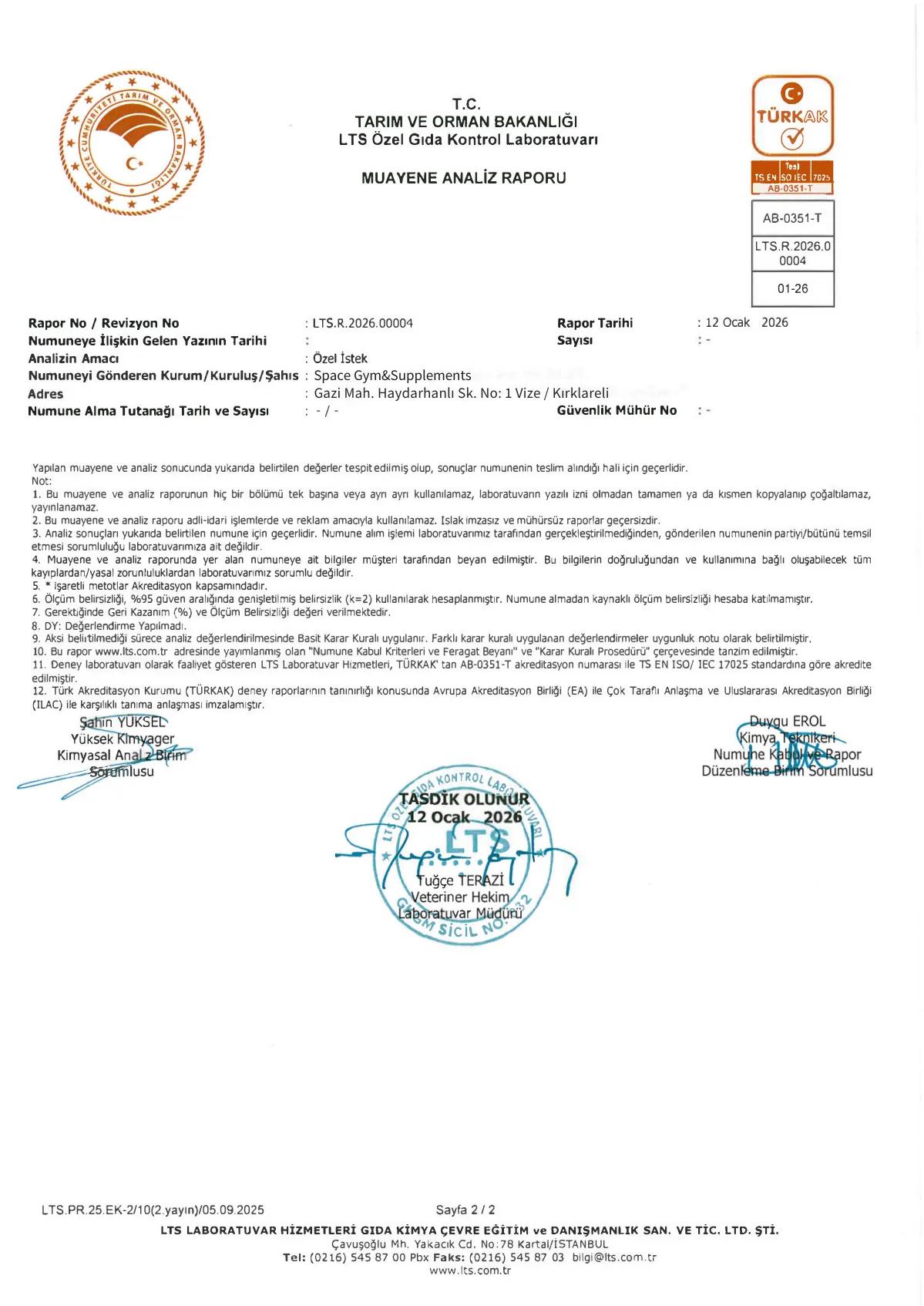 LTS Özel Gıda Kontrol Laboratuvarı, rapor LTS.R.2026.00004, sayfa 2