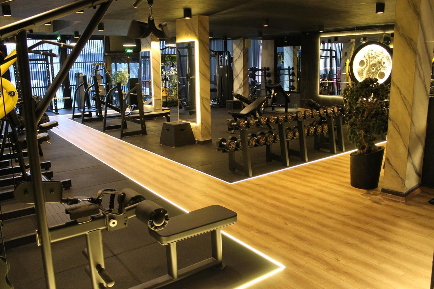 Space Gym: ahşap yol boyunca dambıl sırası, sehpalar ve arkadan aydınlatmalı aynalar
